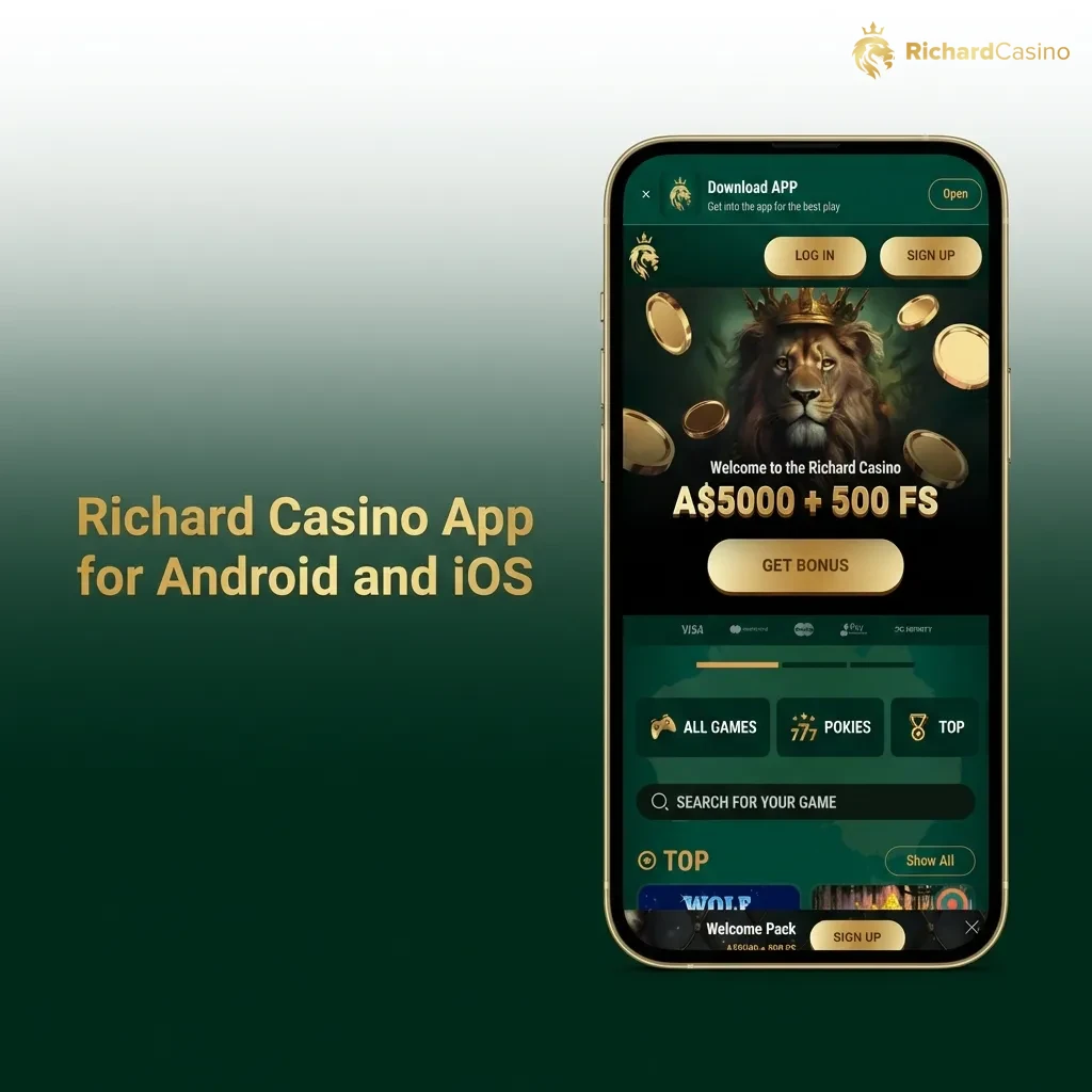 Richard Casino mobile app interface showing pokies, live tables, and sports betting on Android and iOS devices