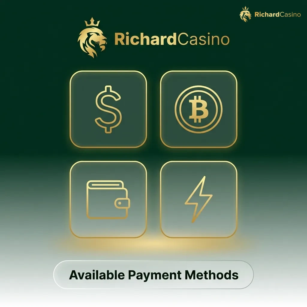 Multiple payment method icons including cards, e-wallets, and crypto for Richard Casino's deposit and withdrawal options.