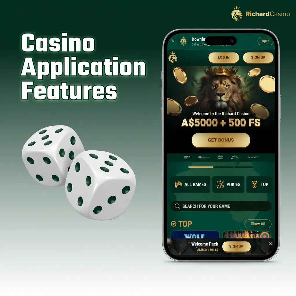 Casino app interface showing game categories: pokies, table games, live dealer, jackpots, and instant win options.