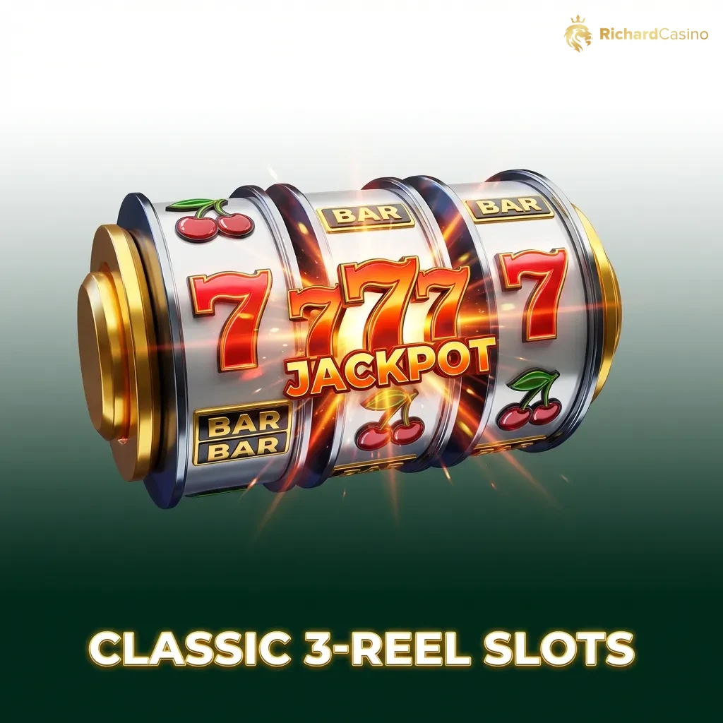 Classic 3-reel slot machine with traditional fruit symbols, bars, and sevens on display