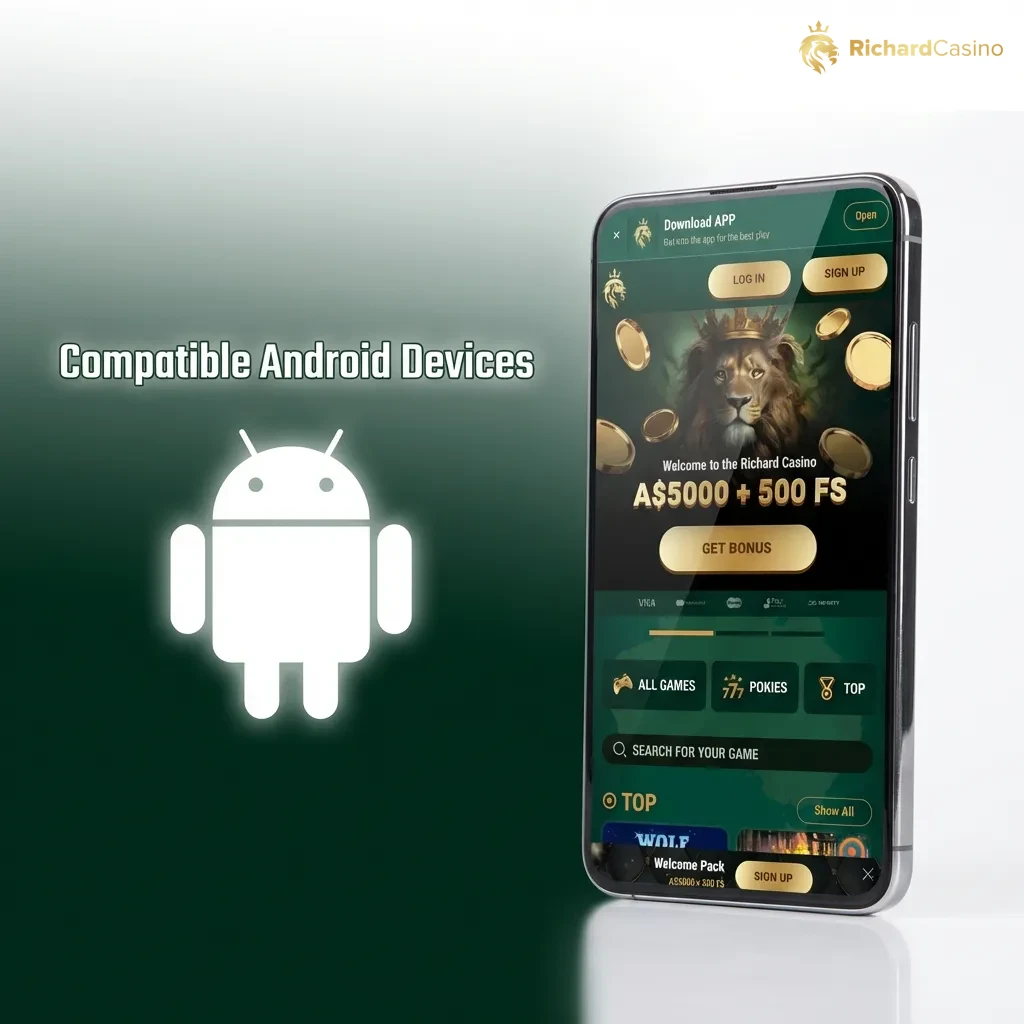 List of compatible Android devices including Samsung Galaxy, Google Pixel, OnePlus, Oppo, Xiaomi, Motorola, Nokia, and Sony models