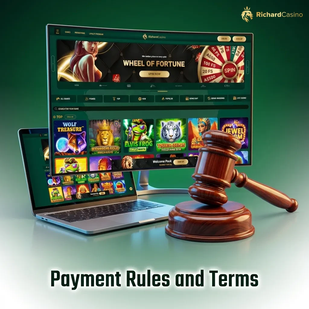 Payment rules screen showing verification, withdrawal methods, wagering requirements, limits, and processing times