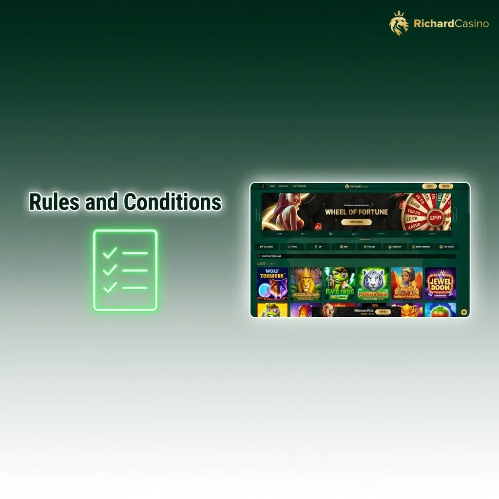 Richard Casino rules page showing age restrictions, account limits, bonus terms, and verification requirements.