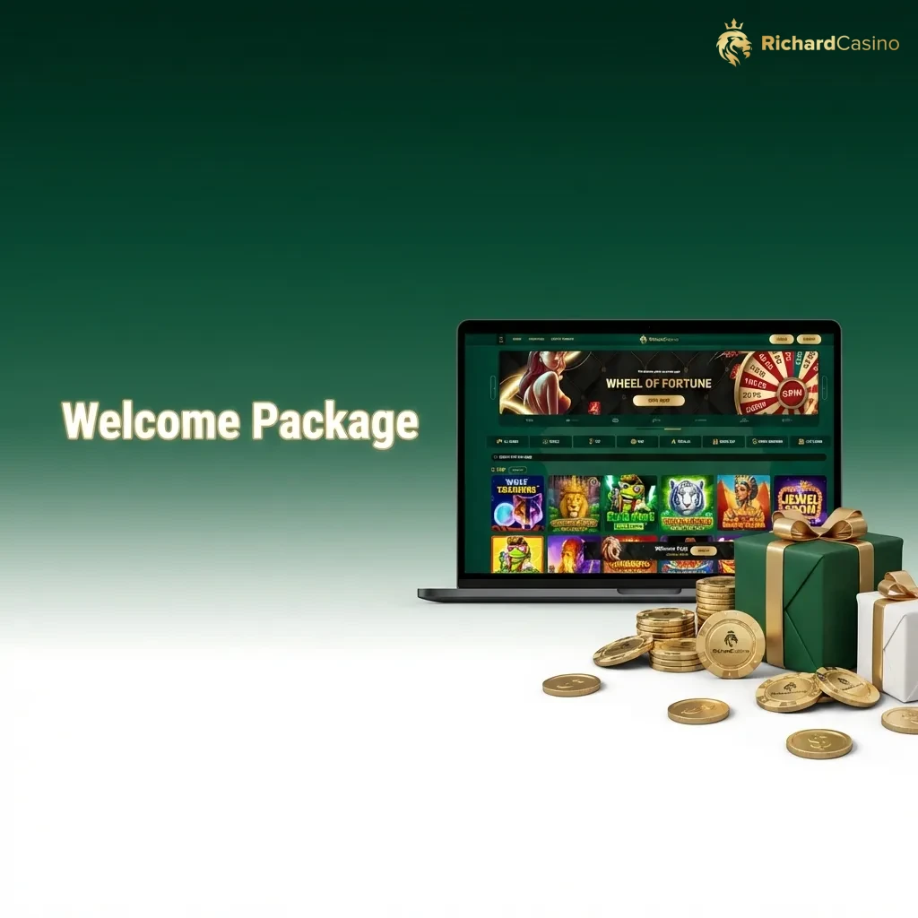 Casino welcome package showing 100% bonus up to 5000 AUD plus 300 free spins for new players